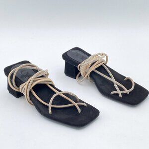 Black Rhinestones Ankle Wrap Strappy Open Toe Summer Sandals Low heel Shoes